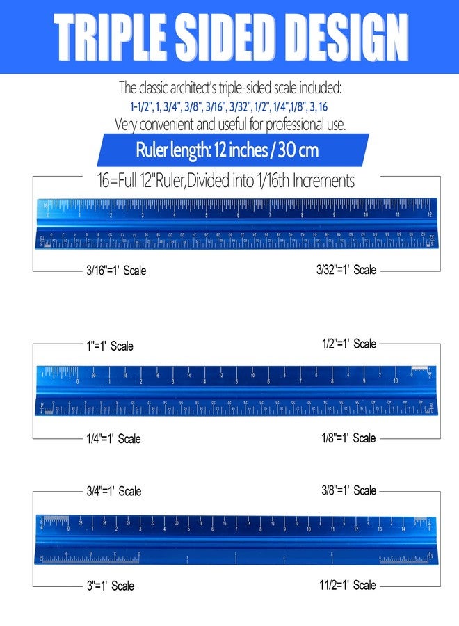 DSUWAZU 12" Architectural Scale Ruler, Aluminum Scale, Triangular Ruler, Scale Ruler for Blueprint Imperial Measurements for Architects Engineering Artists, Draftsman Drawing, Laser-Etched Markings.(Blue) - Image 3