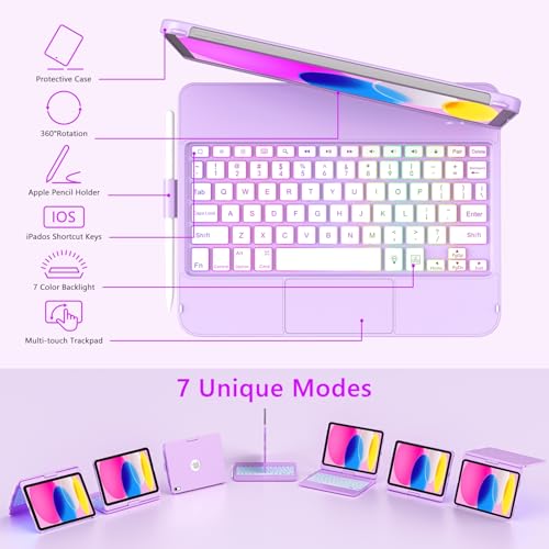 FUWANG Touch Keyboard Case for iPad (A16) 11th Generation 11 inch 2025&10th Gen 10.9 inch 2022, 360° Rotate for iPad 10th Generation Case with Keyboard, Backlit Keyboard Case with Pencil Holder,Purple - Image 4