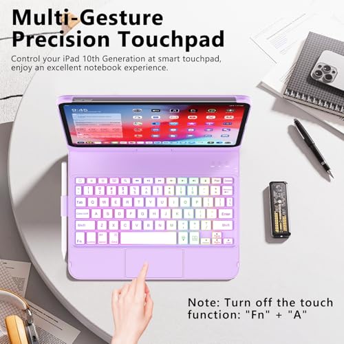 FUWANG Touch Keyboard Case for iPad (A16) 11th Generation 11 inch 2025&10th Gen 10.9 inch 2022, 360° Rotate for iPad 10th Generation Case with Keyboard, Backlit Keyboard Case with Pencil Holder,Purple - Image 3