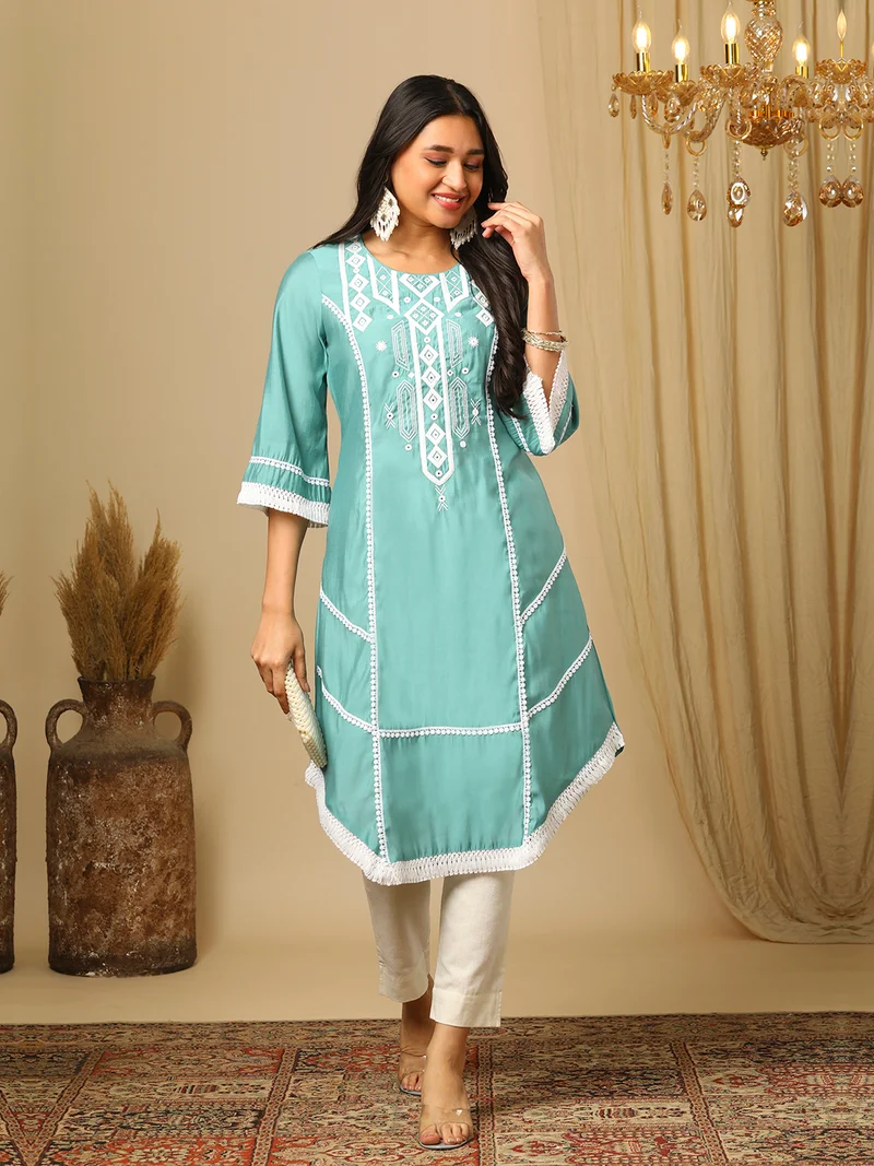 globus Women Ethnic Motifs Embroidered Flared Sleeves Thread Work Lace Frills Bows And Ruffles Kurta
