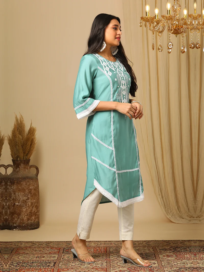 globus Women Ethnic Motifs Embroidered Flared Sleeves Thread Work Lace Frills Bows And Ruffles Kurta
