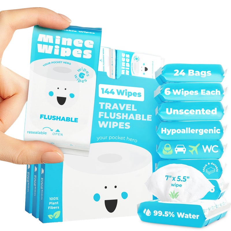 MOONIES Impossibly Compact Travel Flushable Wipes - 99.5% Water and Aloe - Safe for Sensitive Skin, Hypoallergenic & Unscented - Travel Essentials for Adults, Kids & Baby Care - 24 Pack Total 144 Wipes - Image 1