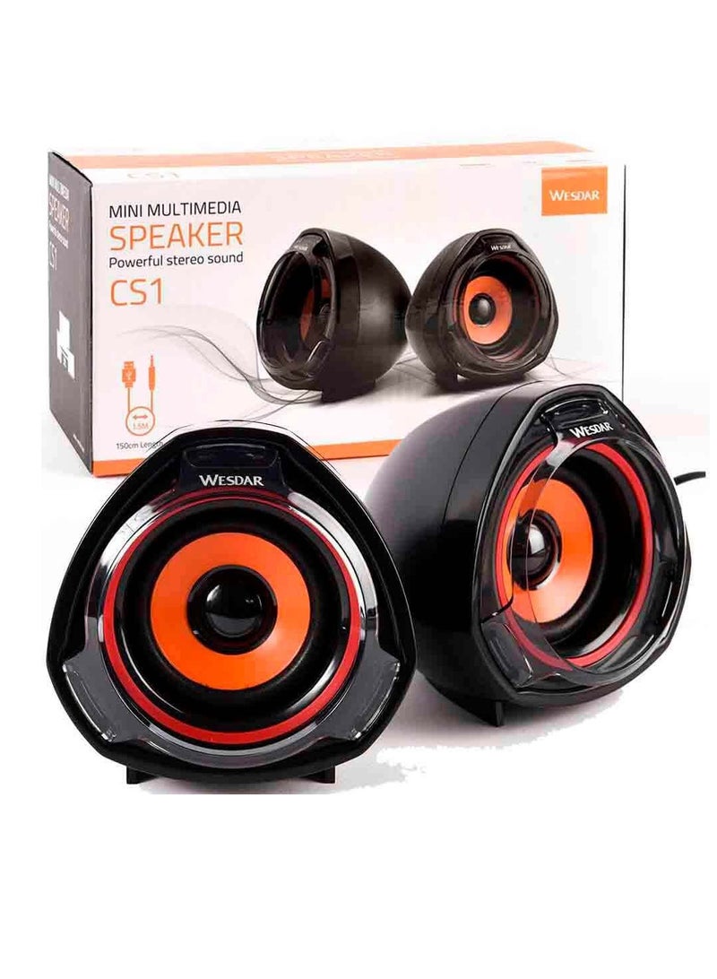 Wesdar CS1 Speaker Multimedia 3D Stereo Sound Effect  (10W) 5W*2.0 Channel  - Wired USB 2.0 Power + 3.5 mm audio plug For computer and Laptop , Mobile | Black / Orange  - Image 2