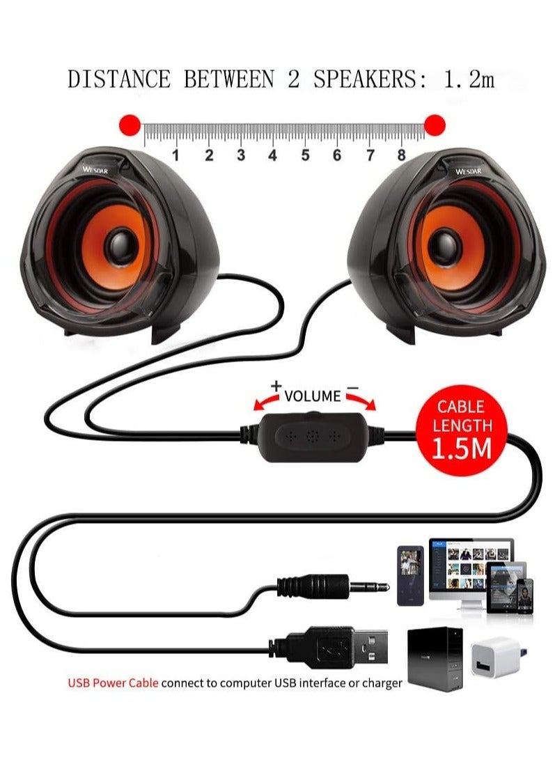 Wesdar CS1 Speaker Multimedia 3D Stereo Sound Effect  (10W) 5W*2.0 Channel  - Wired USB 2.0 Power + 3.5 mm audio plug For computer and Laptop , Mobile | Black / Orange  - Image 3