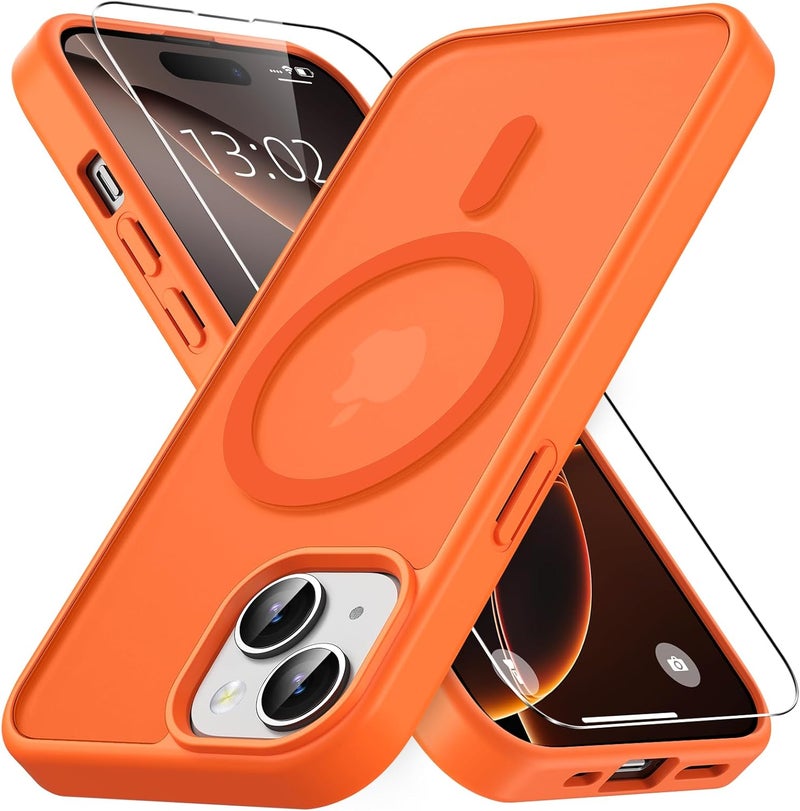 حافظة مغناطيسية لـ iPhone 15 مع واقي شاشة زجاج مقسى (عبوة واحدة)، متوافقة مع MagSafe، حماية من السقوط بدرجة عسكرية، حافظة مقاومة للصدمات غير لامعة شفافة نحيفة - برتقالي - Image 1