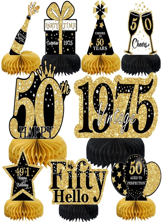 MOORAY 9 Pcs 50th Birthday Decorations Honeycomb Centerpieces for Women Men, Black Gold 1975 Aged to Perfection Vintage Centerpieces for Tables Toppers,Fifty Years Birthday Party Decorations Supplies - Image 1