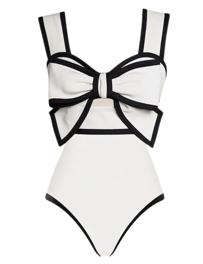 FLAXMAKER Black and White Swimsuit Bow-tie Decor One Piece Bathing Suit(White,L) - Image 1