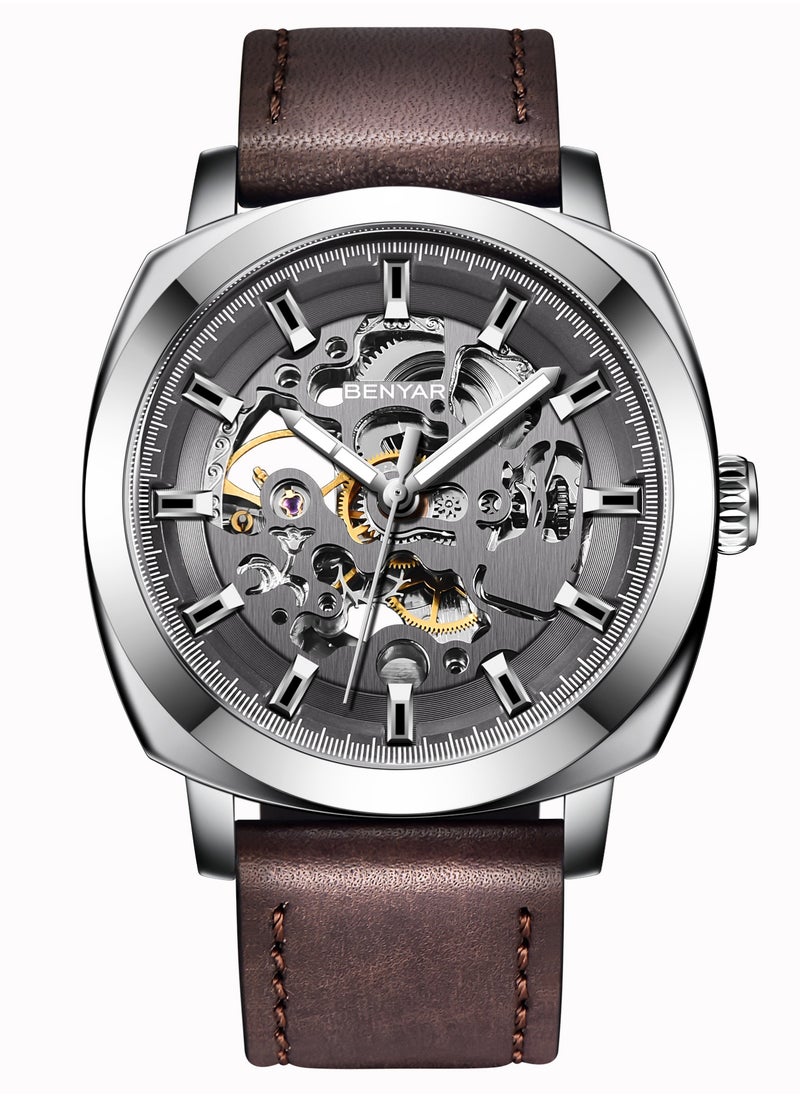 BENYAR Men's Mechanical Automatic Watches, Automatic Movement, Stainless Steel Waterproof Frame, Stylish Brown Leather Strap, Silver Black Dial, Business Luxury BY5121  - Image 1