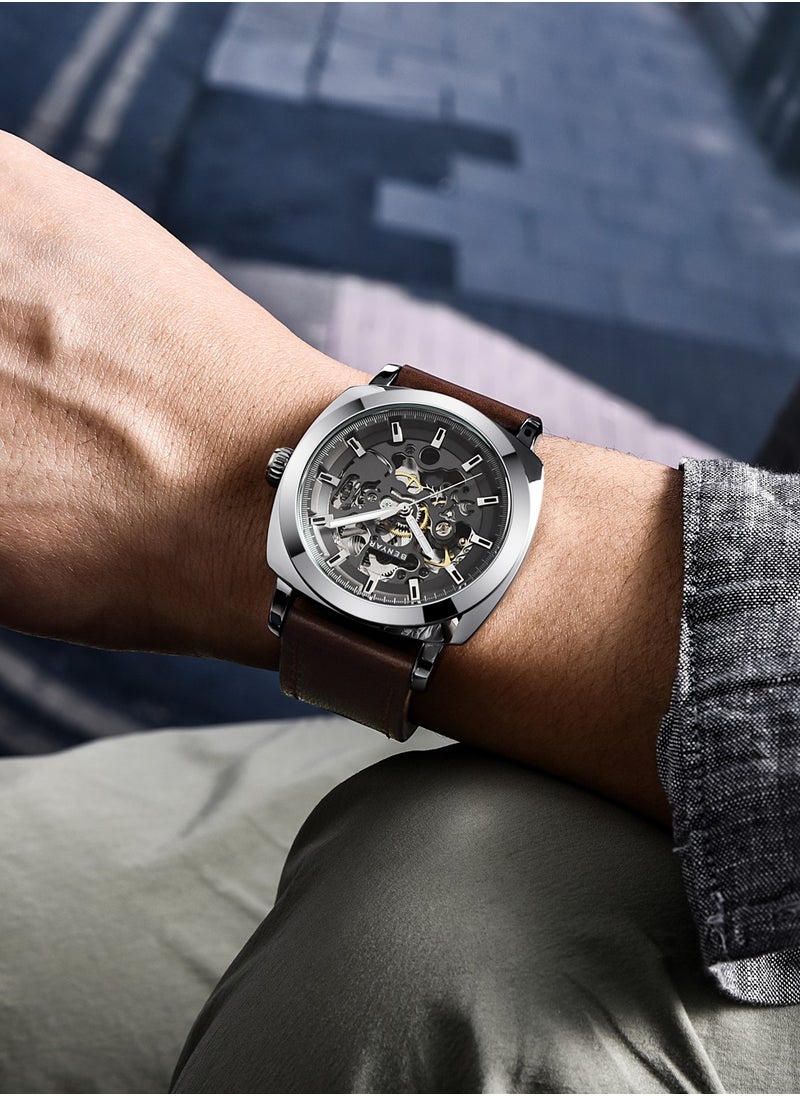 BENYAR Men's Mechanical Automatic Watches, Automatic Movement, Stainless Steel Waterproof Frame, Stylish Brown Leather Strap, Silver Black Dial, Business Luxury BY5121  - Image 3