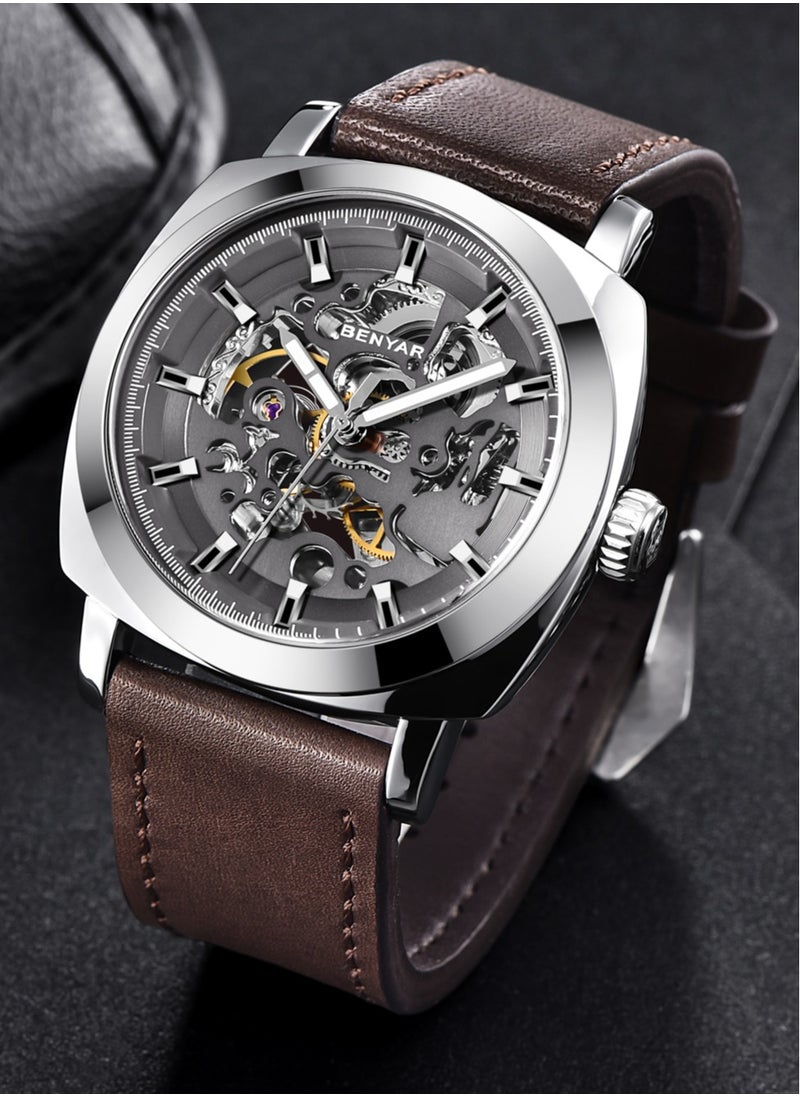 BENYAR Men's Mechanical Automatic Watches, Automatic Movement, Stainless Steel Waterproof Frame, Stylish Brown Leather Strap, Silver Black Dial, Business Luxury BY5121  - Image 5