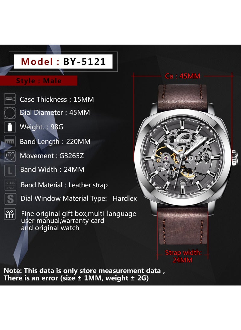 BENYAR Men's Mechanical Automatic Watches, Automatic Movement, Stainless Steel Waterproof Frame, Stylish Brown Leather Strap, Silver Black Dial, Business Luxury BY5121  - Image 2