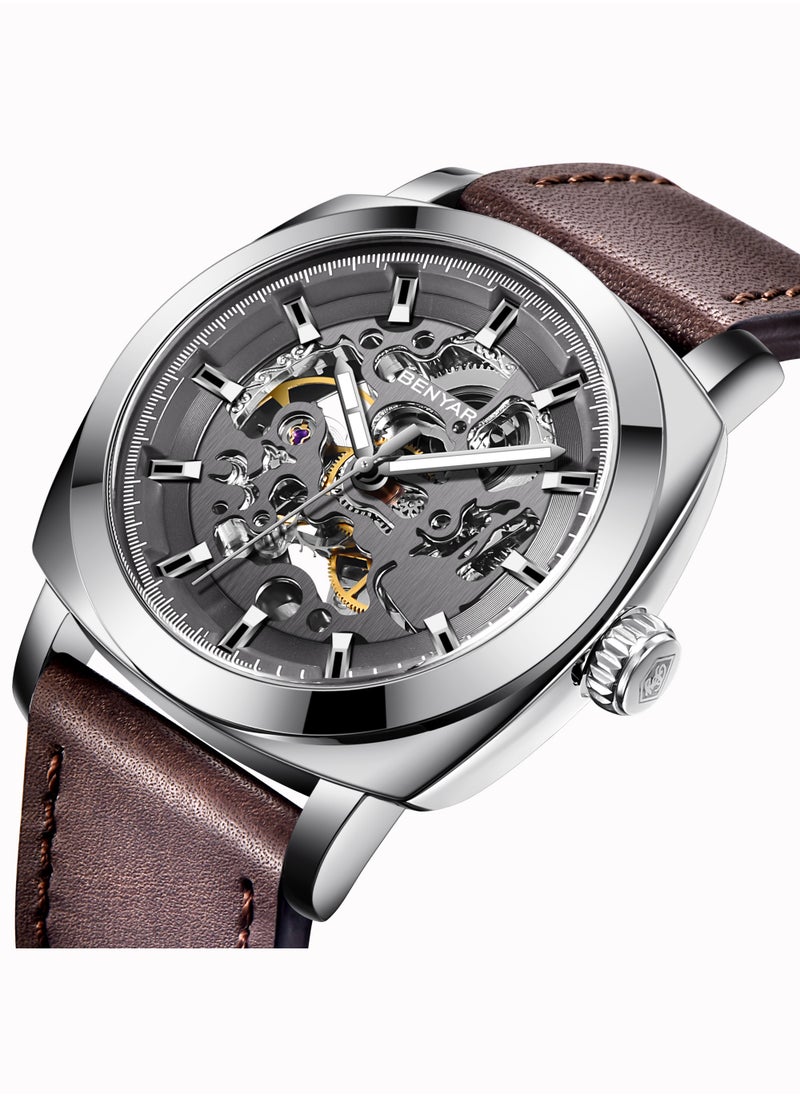 Men's Mechanical Automatic Watches, Automatic Movement, Stainless Steel Waterproof Frame, Stylish Brown Leather Strap, Silver Black Dial, Business Luxury BY5121 - pzsku/Z82E421D1AAEF5ED28EB7Z/45/_/1732950137/6eeb9cb1-6375-4b2b-882c-bcc500145f0d