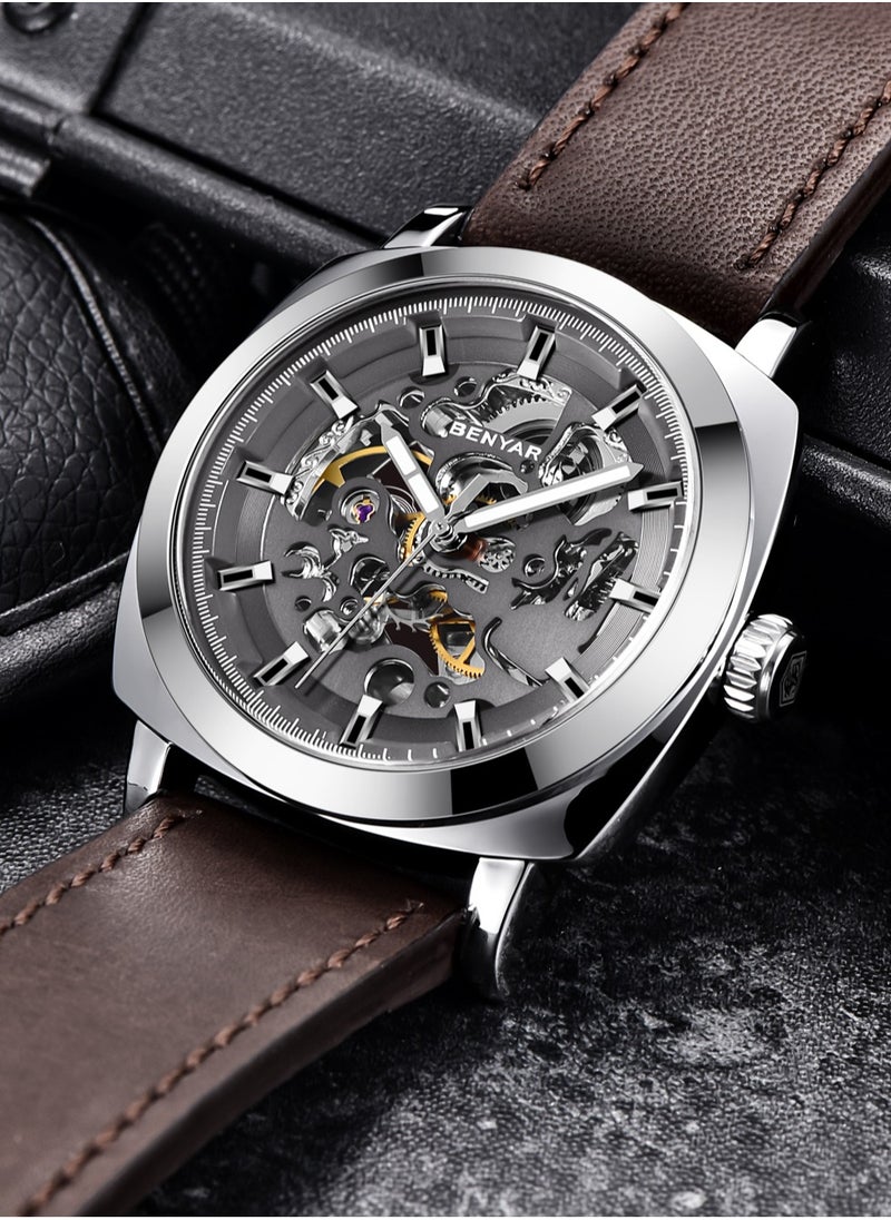 Men's Mechanical Automatic Watches, Automatic Movement, Stainless Steel Waterproof Frame, Stylish Brown Leather Strap, Silver Black Dial, Business Luxury BY5121 - pzsku/Z82E421D1AAEF5ED28EB7Z/45/_/1732952483/0e48a21c-1c40-4632-9fbc-d49e6072f4eb