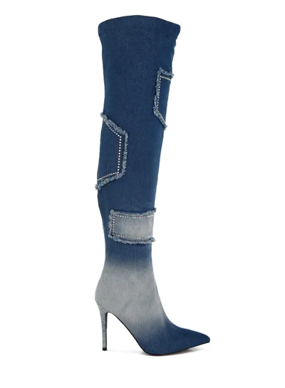 London Rag Rhinestones Knee High Denim Boots in Dark Blue