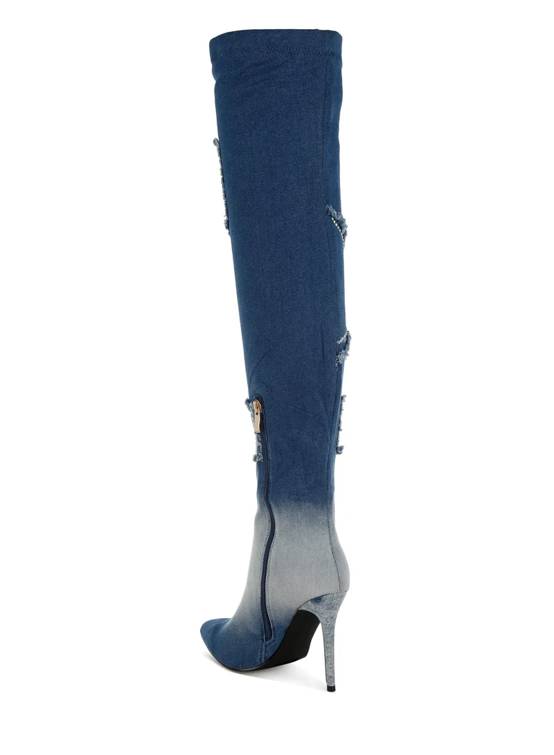 London Rag Rhinestones Knee High Denim Boots in Dark Blue
