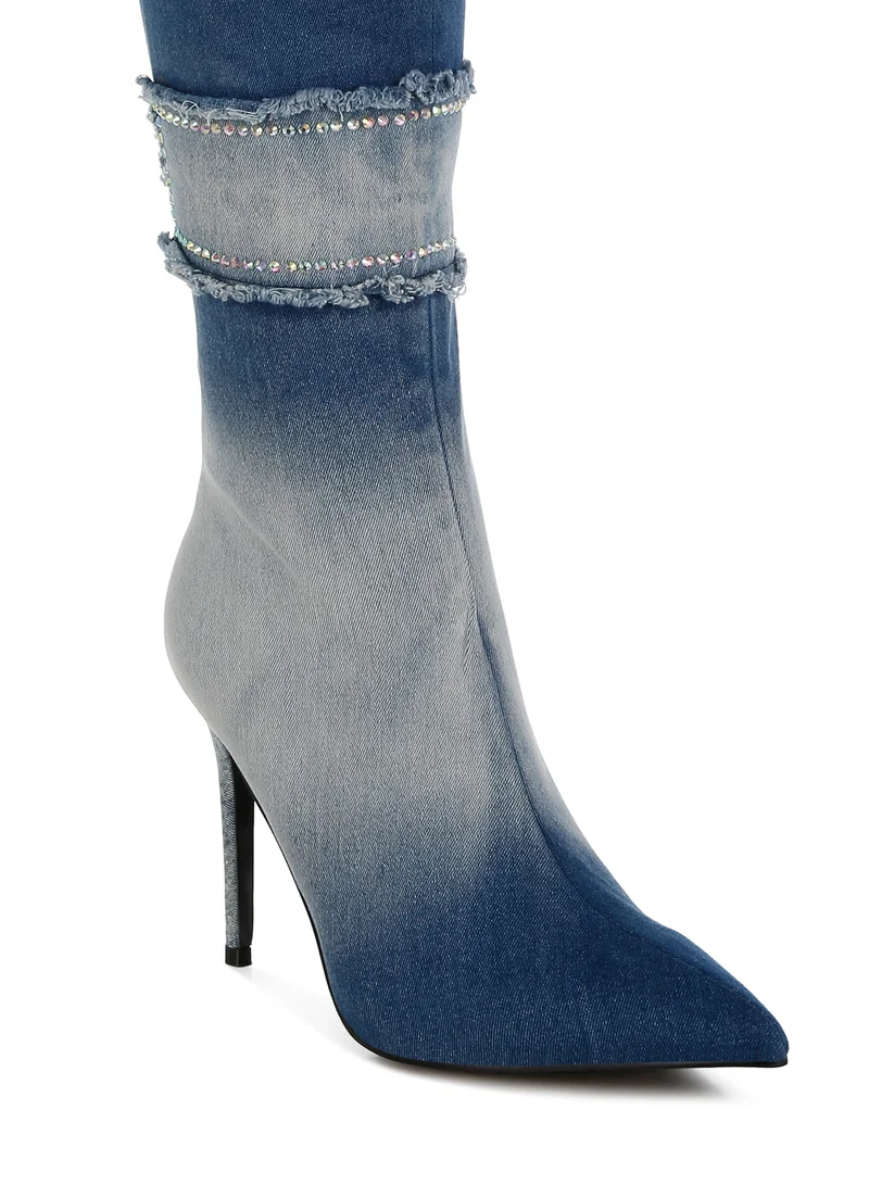London Rag Rhinestones Knee High Denim Boots in Dark Blue