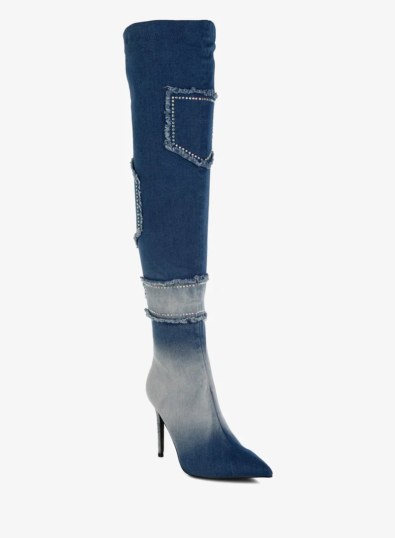 London Rag Rhinestones Knee High Denim Boots in Dark Blue