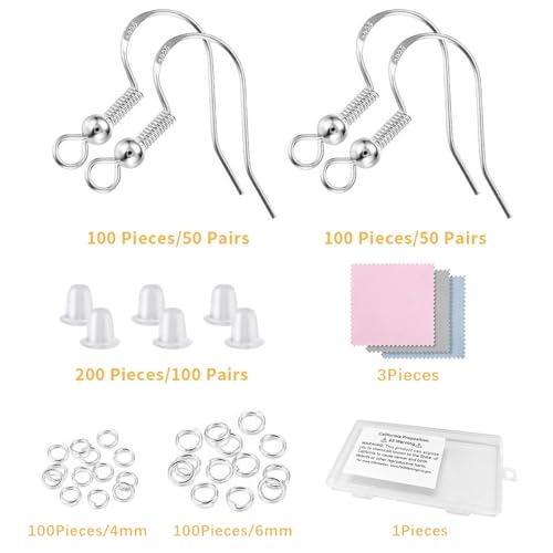 Lhedon 925 Sterling Silver Hypoallergenic Earring Hooks 100 Pairs for Jewelry Making, Fish Hook Earrings Making Kit, DIY Earring Findings Jewelry Making Supplies, with 200 PCS Earring Backs，Christmas Gifts - Image 2