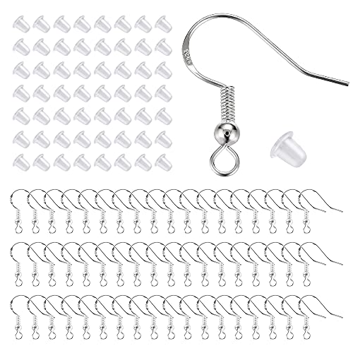 Lhedon 925 Sterling Silver Hypoallergenic Earring Hooks 100 Pairs for Jewelry Making, Fish Hook Earrings Making Kit, DIY Earring Findings Jewelry Making Supplies, with 200 PCS Earring Backs，Christmas Gifts - Image 1
