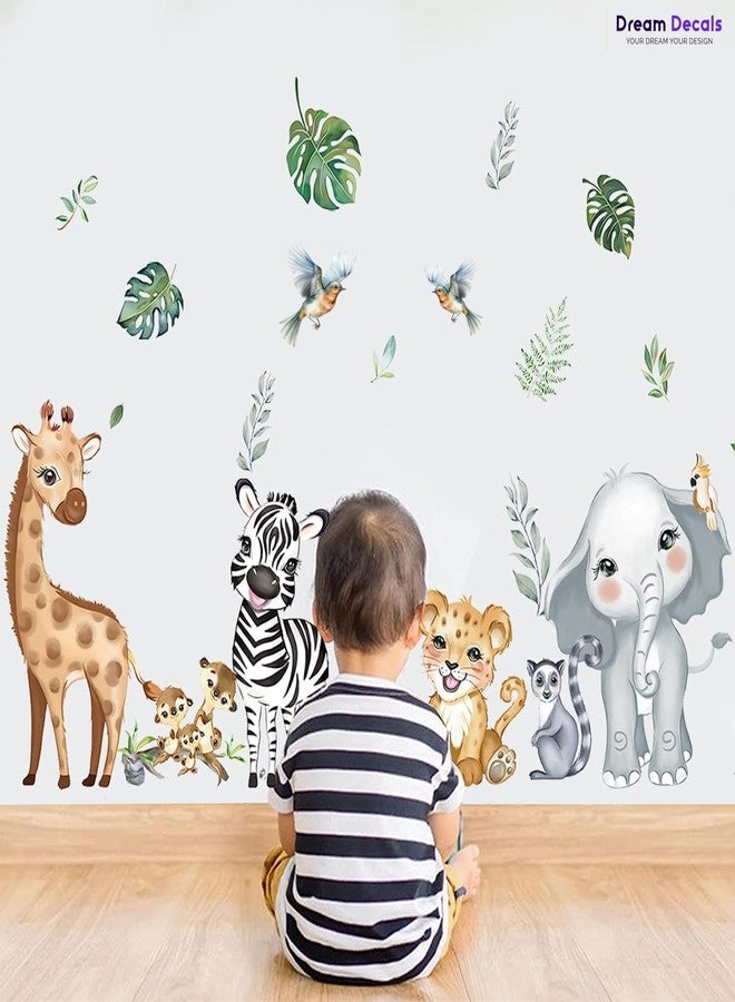 DREAM DECALS ملصقات جدارية بتصميم حيوانات الغابة، ملصقات جدارية بتصميم فيل وزرافة، ملصقات جدارية لغرفة الأطفال، ديكور جداري لغرفة المعيشة - Image 4