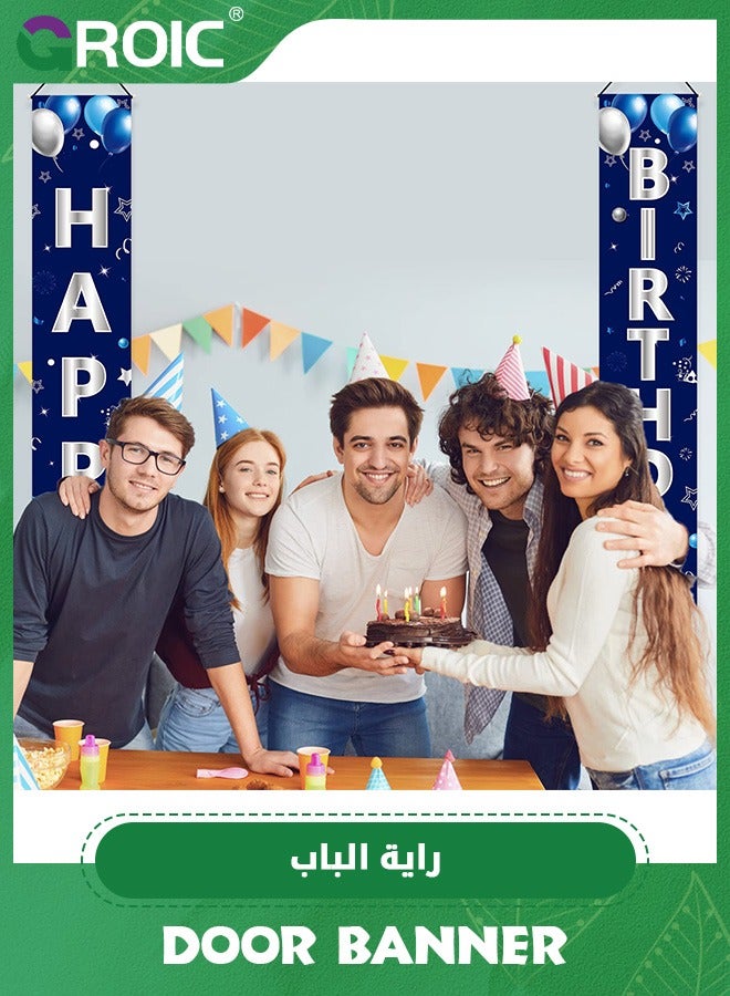 GROIC Blue Silver Happy Birthday Door Banner Decorations,Happy Birthday Banner Porch Sign Party Supplies,Birthday Decoration,Birthday Supplies - Image 2