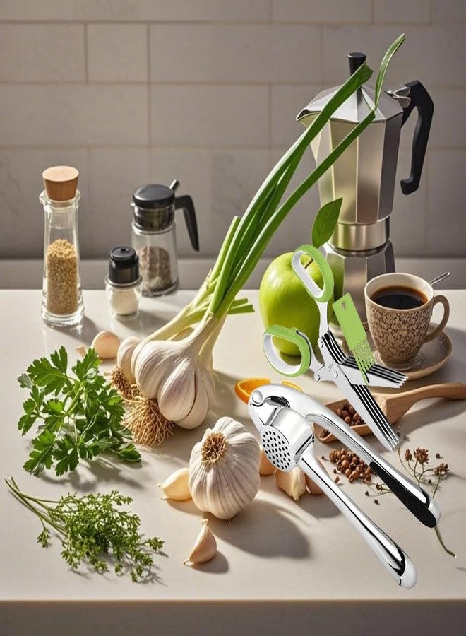 MULIRE Garlic Press Stainless Steel, 2 in 1 Garlic Mincer & Herb Scissors, Dishwasher Safe Garlic Crusher, Rust Proof Garlic Smasher and Mincer Tool with Peeler and Brush for Kitchen - Image 3