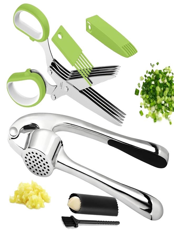 MULIRE Garlic Press Stainless Steel, 2 in 1 Garlic Mincer & Herb Scissors, Dishwasher Safe Garlic Crusher, Rust Proof Garlic Smasher and Mincer Tool with Peeler and Brush for Kitchen - Image 1