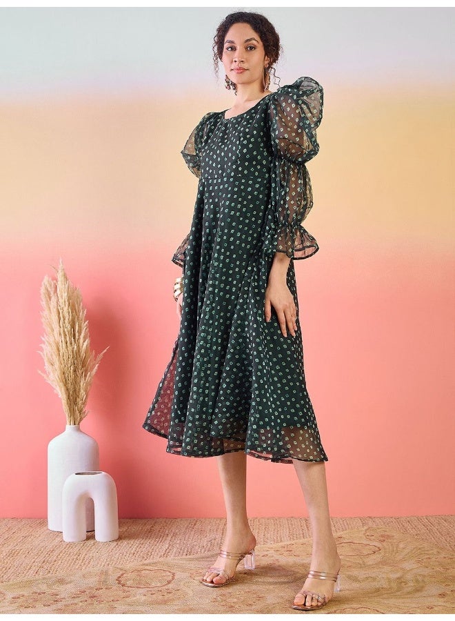 AKS Geometric Printed Silk A-Line Midi Dress - Image 3