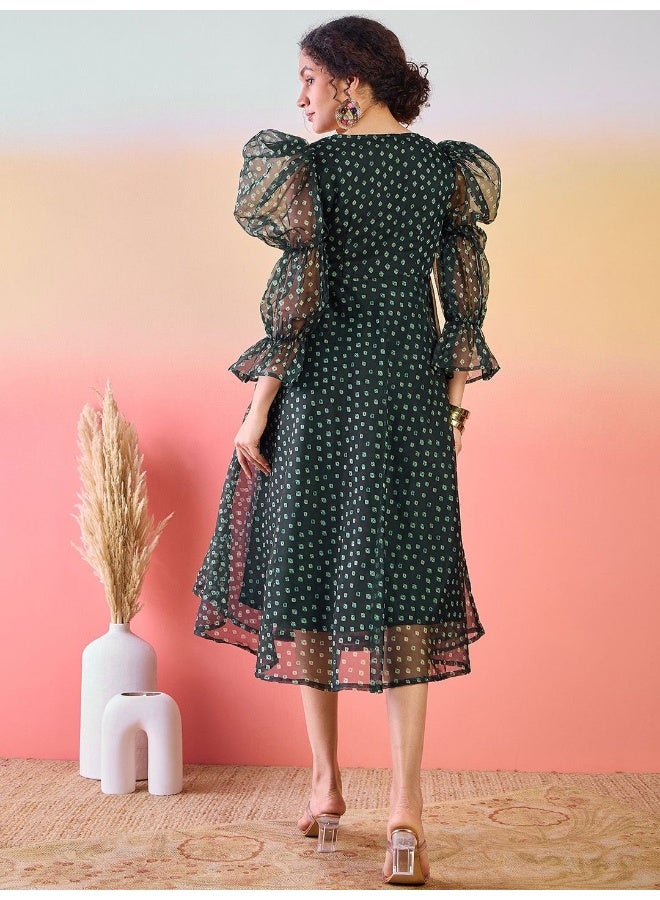 AKS Geometric Printed Silk A-Line Midi Dress - Image 5