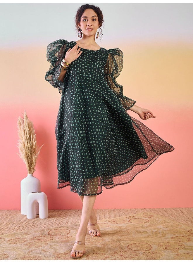 AKS Geometric Printed Silk A-Line Midi Dress - Image 4