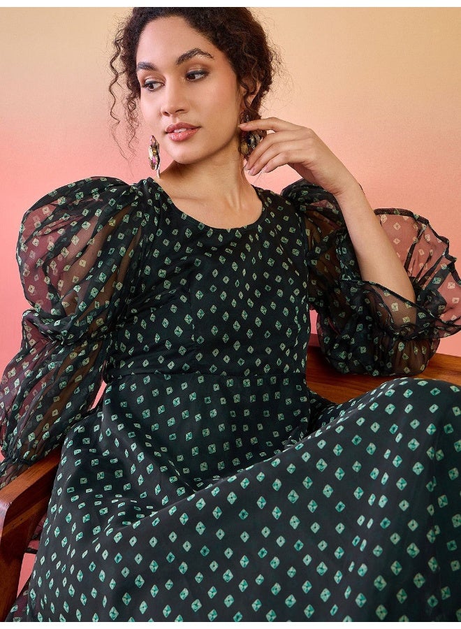 AKS Geometric Printed Silk A-Line Midi Dress - Image 2