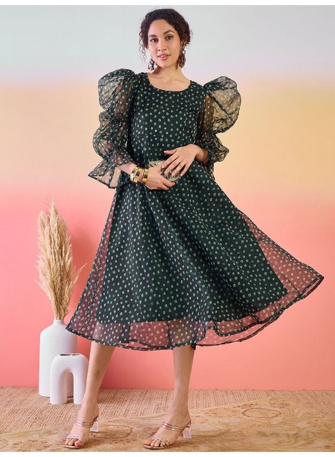 AKS Geometric Printed Silk A-Line Midi Dress - Image 1