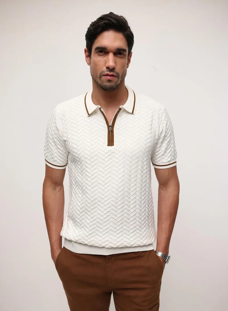 Dennis Lingo Off White 100% Cotton Textured Relaxed Polo T-Shirt For Men