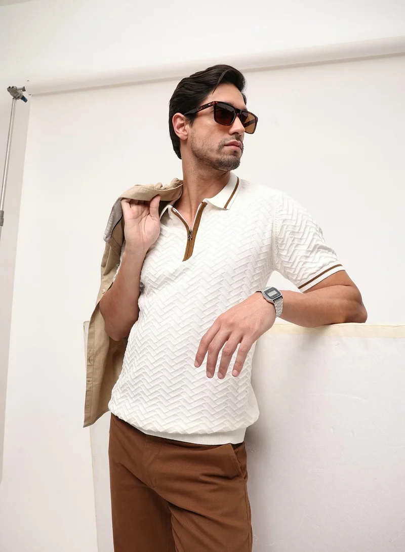 Dennis Lingo Off White 100% Cotton Textured Relaxed Polo T-Shirt For Men