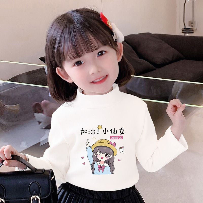 Children's Base Shirt Half-high Collar Girl's White Autumn and Winter Baby's Long-sleeved T-shirt De-velvet Base T-shirt - Image 1