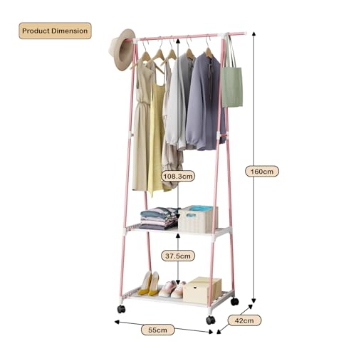 Lukzer A-Shape MGR-010/Pink Garment Rack with 2 Bottom Shelves | Multipurpose Coat Hanger & Clothes Organizer Stand | Space Saving Clothing Display for Bedroom, Entryway, Living Room (160x55x42cm) - Image 2