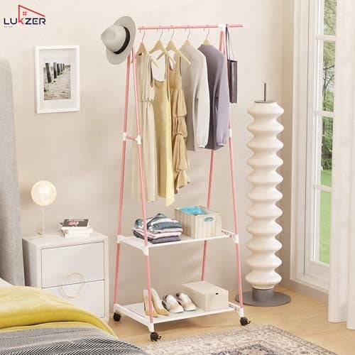 Lukzer A-Shape MGR-010/Pink Garment Rack with 2 Bottom Shelves | Multipurpose Coat Hanger & Clothes Organizer Stand | Space Saving Clothing Display for Bedroom, Entryway, Living Room (160x55x42cm) - Image 3