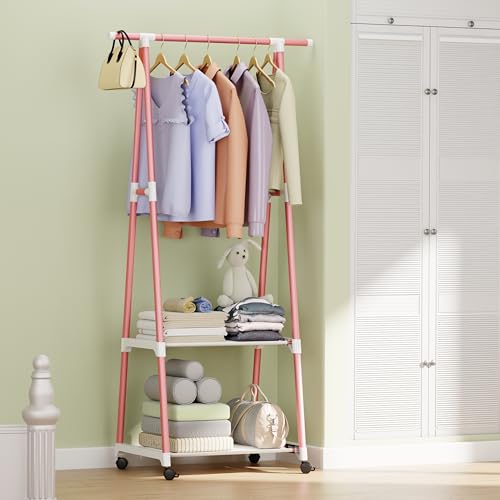 Lukzer A-Shape MGR-010/Pink Garment Rack with 2 Bottom Shelves | Multipurpose Coat Hanger & Clothes Organizer Stand | Space Saving Clothing Display for Bedroom, Entryway, Living Room (160x55x42cm) - Image 1