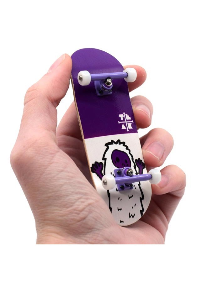 Teak Tuning 32mm Heat Transfer Graphic Complete Fingerboard - Purple Yeti | 32mm x 97mm Handmade Wood Deck | Pro Board Shape & Size | 61A Duro Bushings | Prodigy Trucks - Image 1