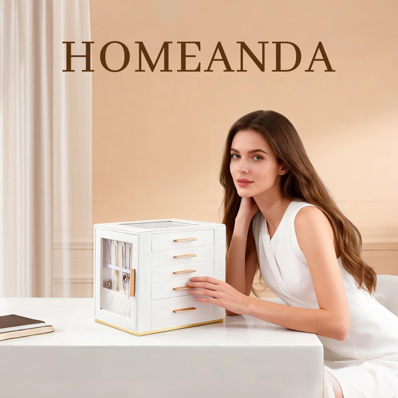 Homeanda Jewelry Box for Women with Glass Lid, 5 Drawers Jewelry Organizer and Storage for Necklaces, Rings, Earrings, Bracelets, Gift for Girls and Teens,PU Leather (White) - Image 2