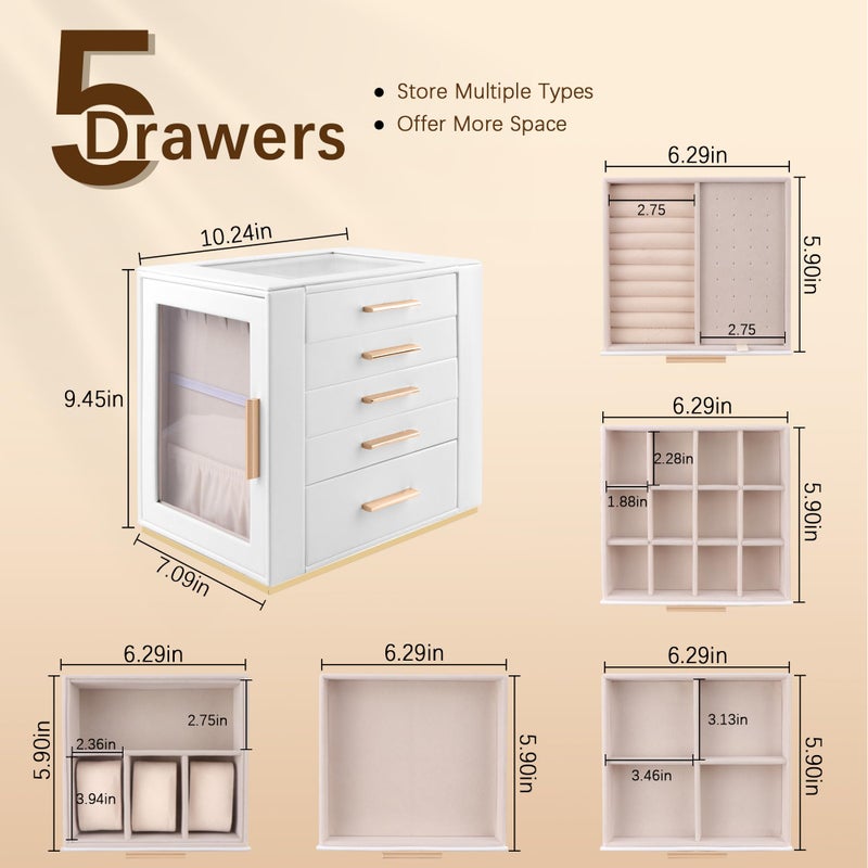 Homeanda Jewelry Box for Women with Glass Lid, 5 Drawers Jewelry Organizer and Storage for Necklaces, Rings, Earrings, Bracelets, Gift for Girls and Teens,PU Leather (White) - Image 3