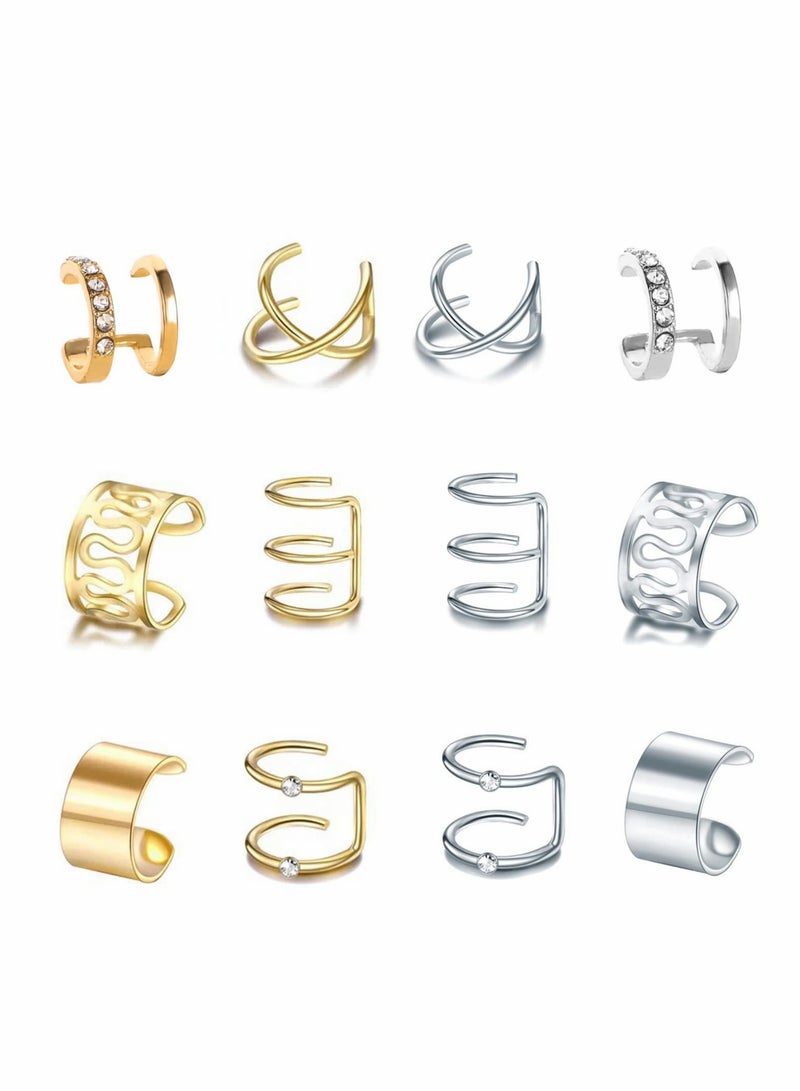 SOLARAE مجموعة أقراط أذن عصرية من المعدن مع أقراط درز شخصية أقراط أذن من الفولاذ المقاوم للصدأ غير مثقوبة قابلة للتثبيت على الغضروف للرجال والنساء 12 قطعة - Image 1