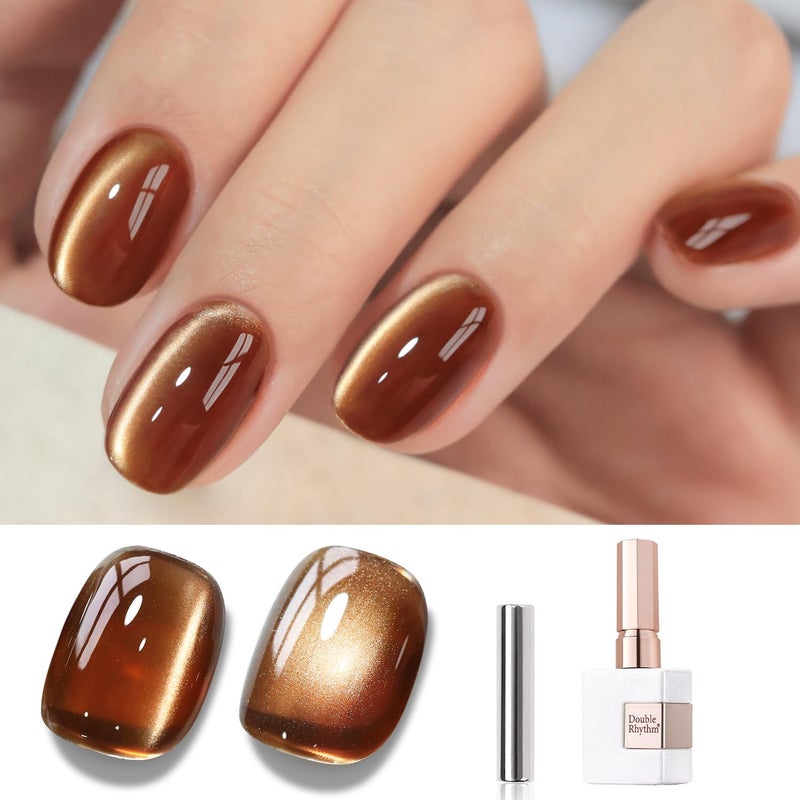 Double Rhythm Cat Eye Gel Polish with Magnet 15ML Holographic Glitter Shimmer Translucent Sheer Color Glass Brown Magnetic Gel Polish Salon DIY at Home (Fall Brown-MC1113) - Image 1