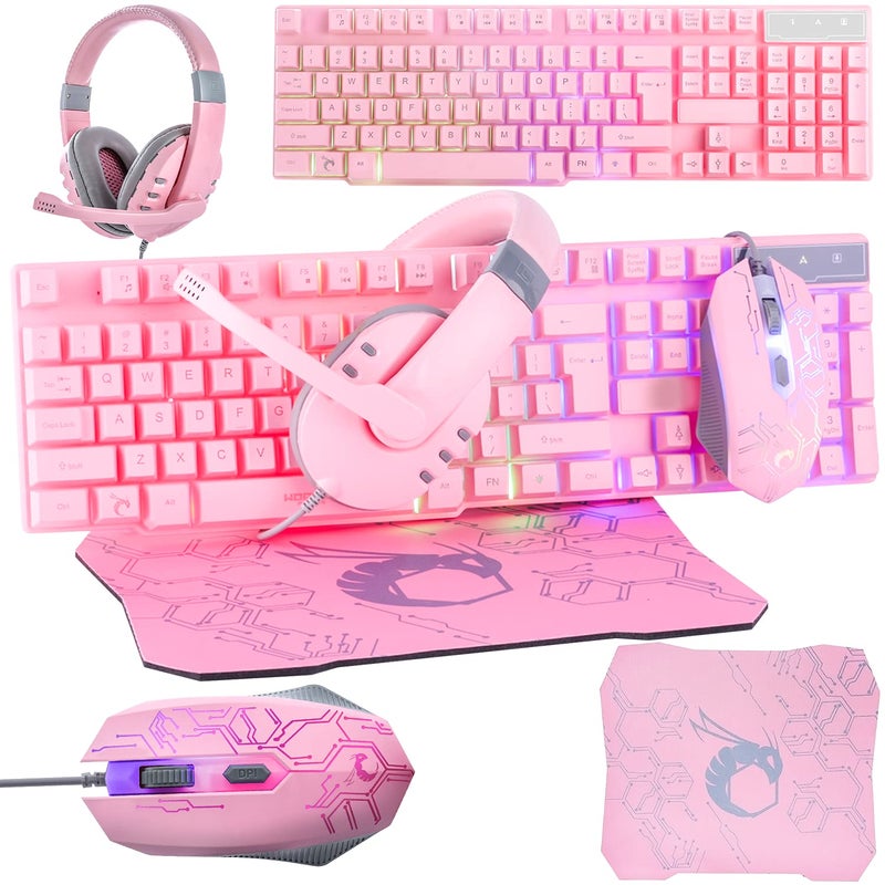 Orzly Pink Gaming Keyboard and Mouse Headset Headphones and Mouse pad Wired LED RGB Backlight Bundle Pink PC Accessories for Gamers and Xbox and PS4 PS5 Nintendo Switch Users - 4in1 Edition Hornet RX-250 [video game] - Image 1