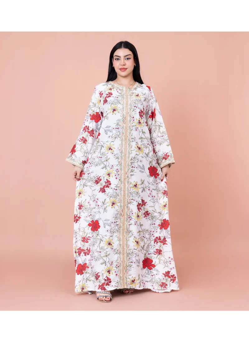 اكسا جلابية عصرية منقوشة ومطرزة IK1032 ابيض