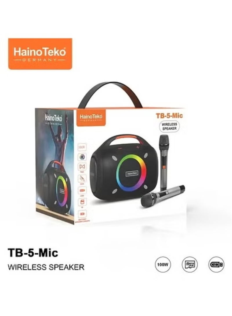 HainoTeko مكبر صوت بلوتوث لاسلكي محمول TB-5 مع 2 ميكروفون لاسلكي – قدرة إخراج 100 واط، إضاءة RGB، تحكم زر متعدد الوظائف، استخدام داخلي وخارجي، أسود - Image 5