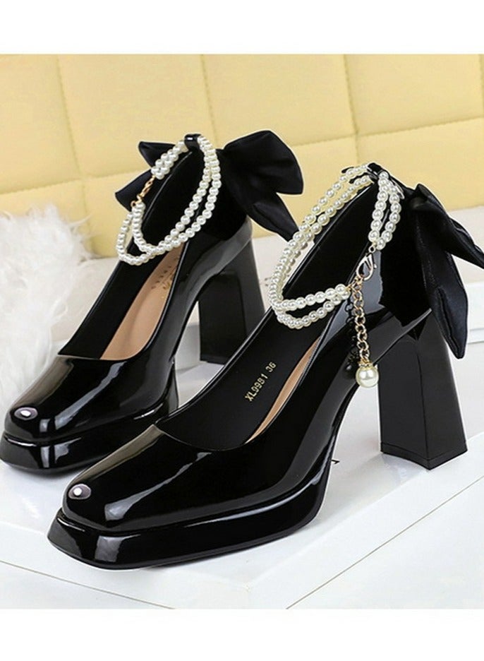 بيج تري المرأة براءة الاختراع منصة الجلد الكعب العالي مربع مغلق إصبع القدم مضخات الأسود 9CM - Image 1