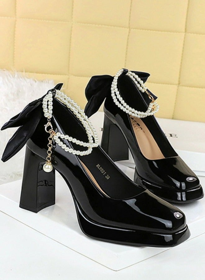 بيج تري المرأة براءة الاختراع منصة الجلد الكعب العالي مربع مغلق إصبع القدم مضخات الأسود 9CM - Image 2