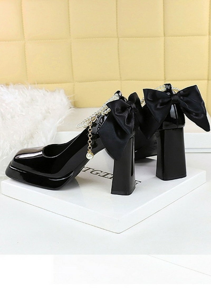 بيج تري المرأة براءة الاختراع منصة الجلد الكعب العالي مربع مغلق إصبع القدم مضخات الأسود 9CM - Image 3