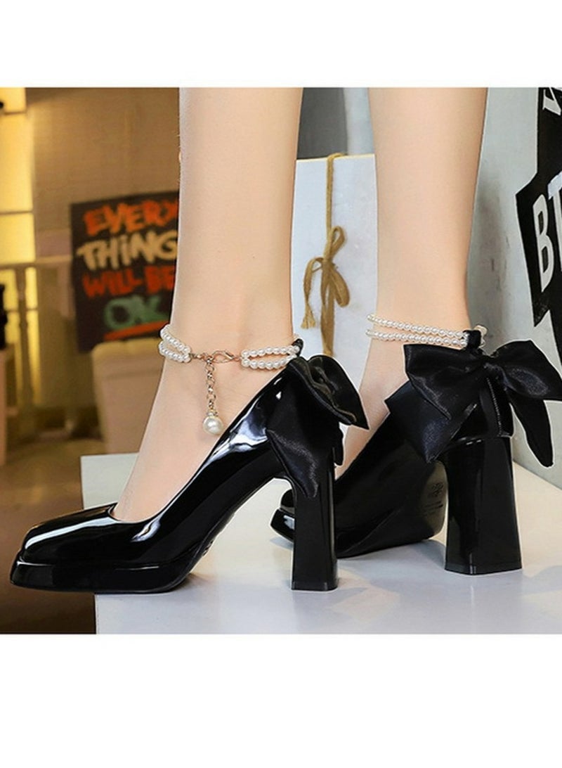 بيج تري المرأة براءة الاختراع منصة الجلد الكعب العالي مربع مغلق إصبع القدم مضخات الأسود 9CM - Image 5